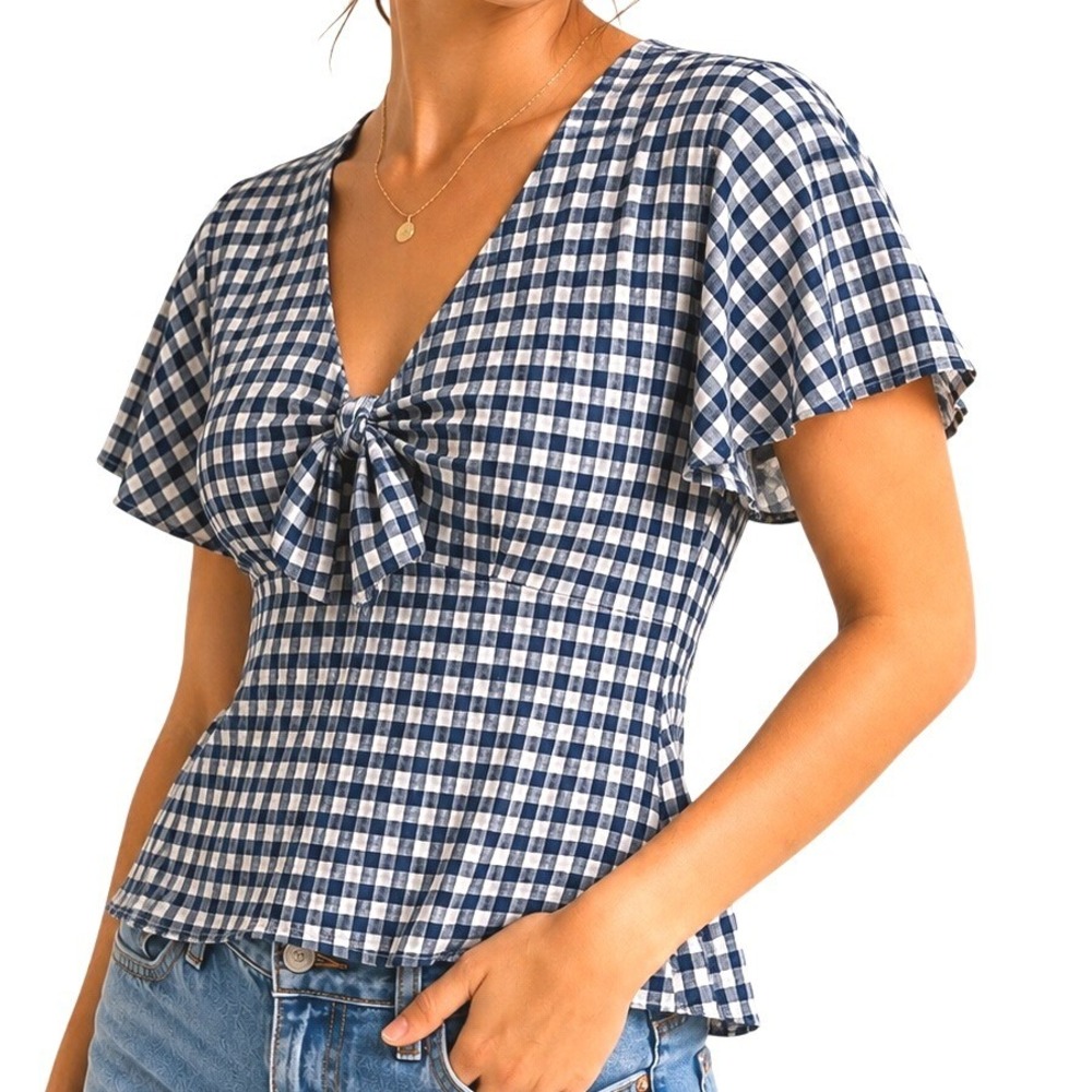 Jolt Women Navy Blue Gingham Tie Front Flutter Sleeve Smocked Back Top S